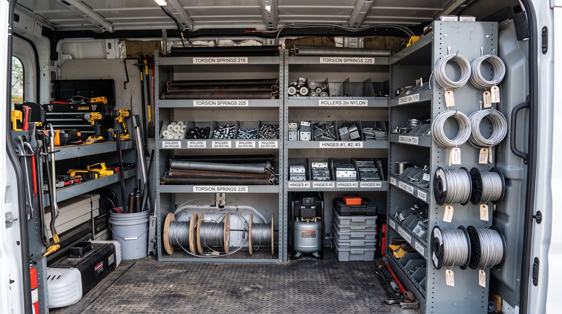 Inside the BH Garage Door Metro Detroit parts van — springs, rollers, and hardware