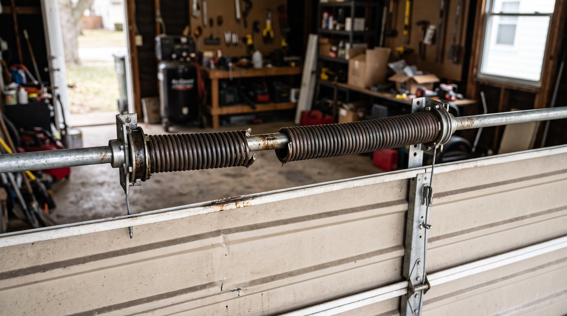 Close-up of a snapped garage door torsion spring with a visible gap in the coil.