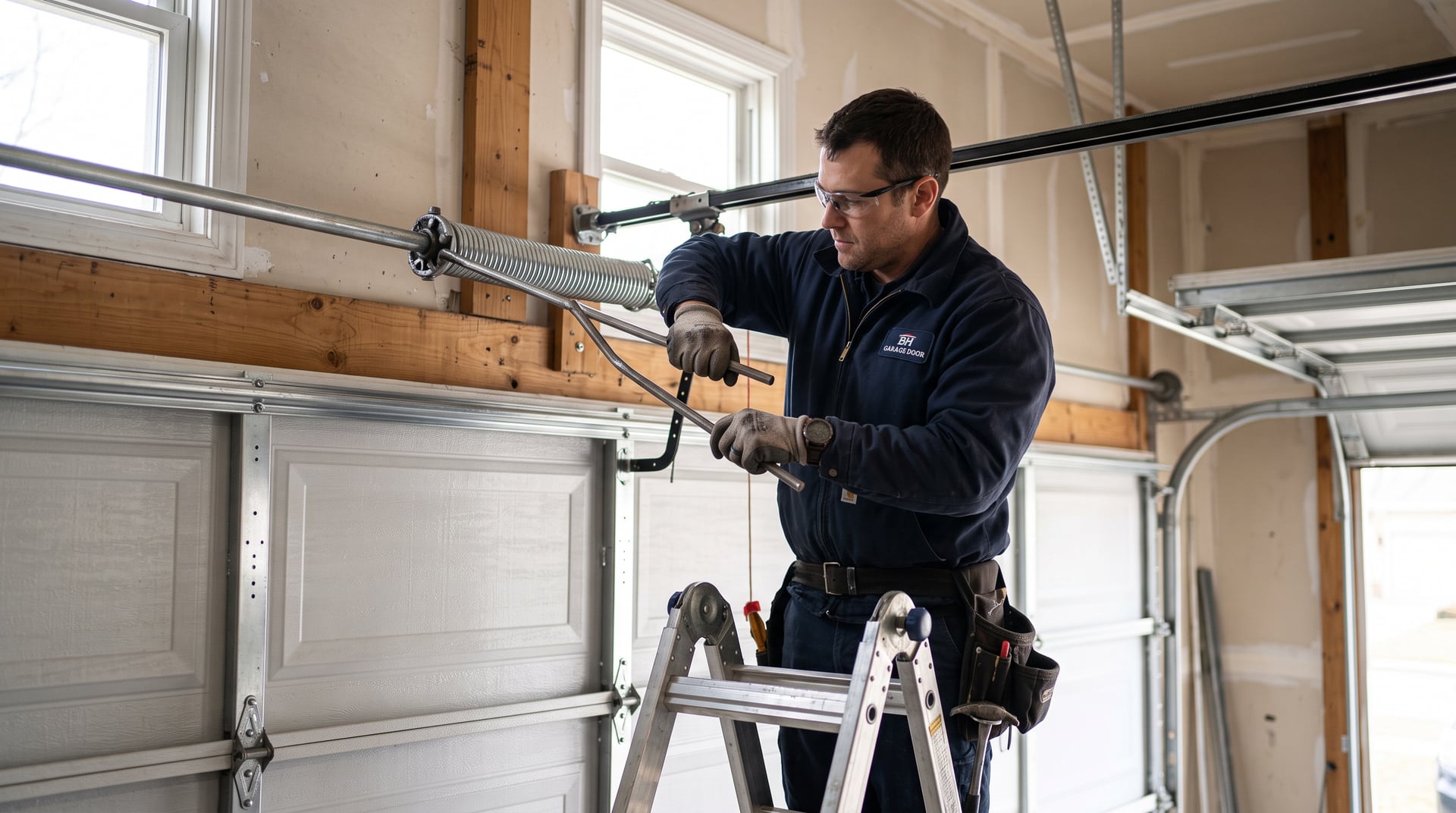 Technician winding a new torsion spring with winding bars above a garage door.