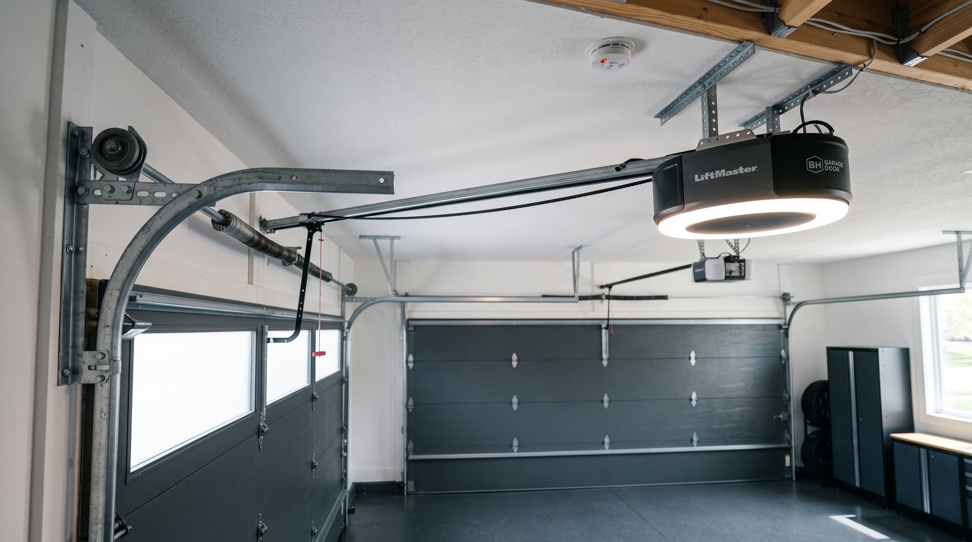 New belt-drive garage door opener mounted on the ceiling of a modern two-car garage.