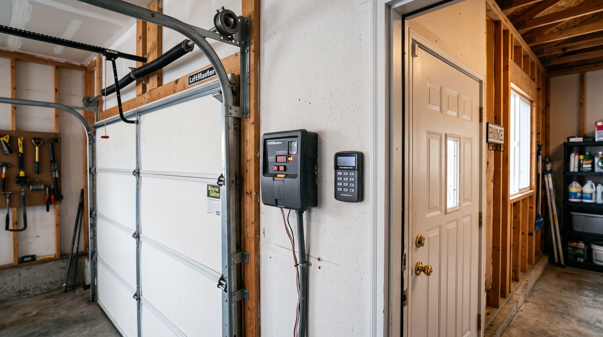 Garage door opener wall console and wireless keypad beside an interior door.