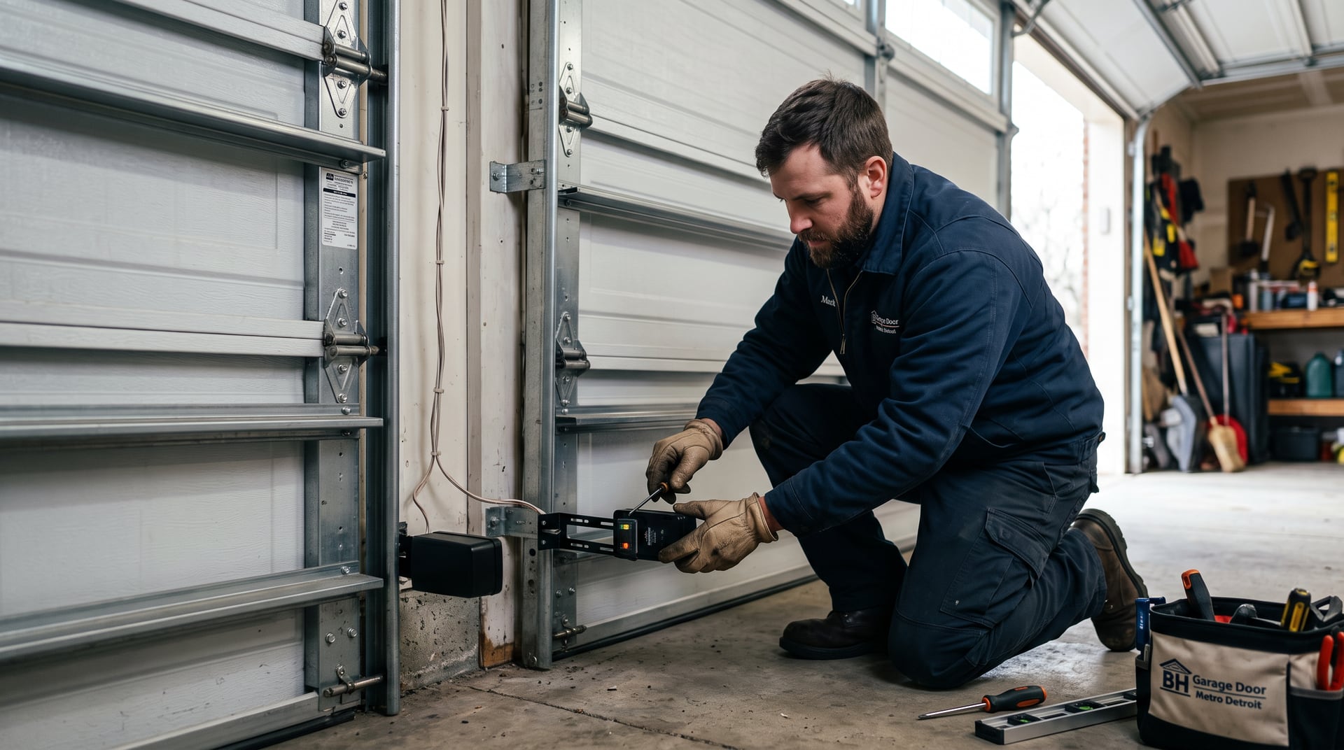 Technician aligning a pair of garage door safety sensors at the base of the tracks.