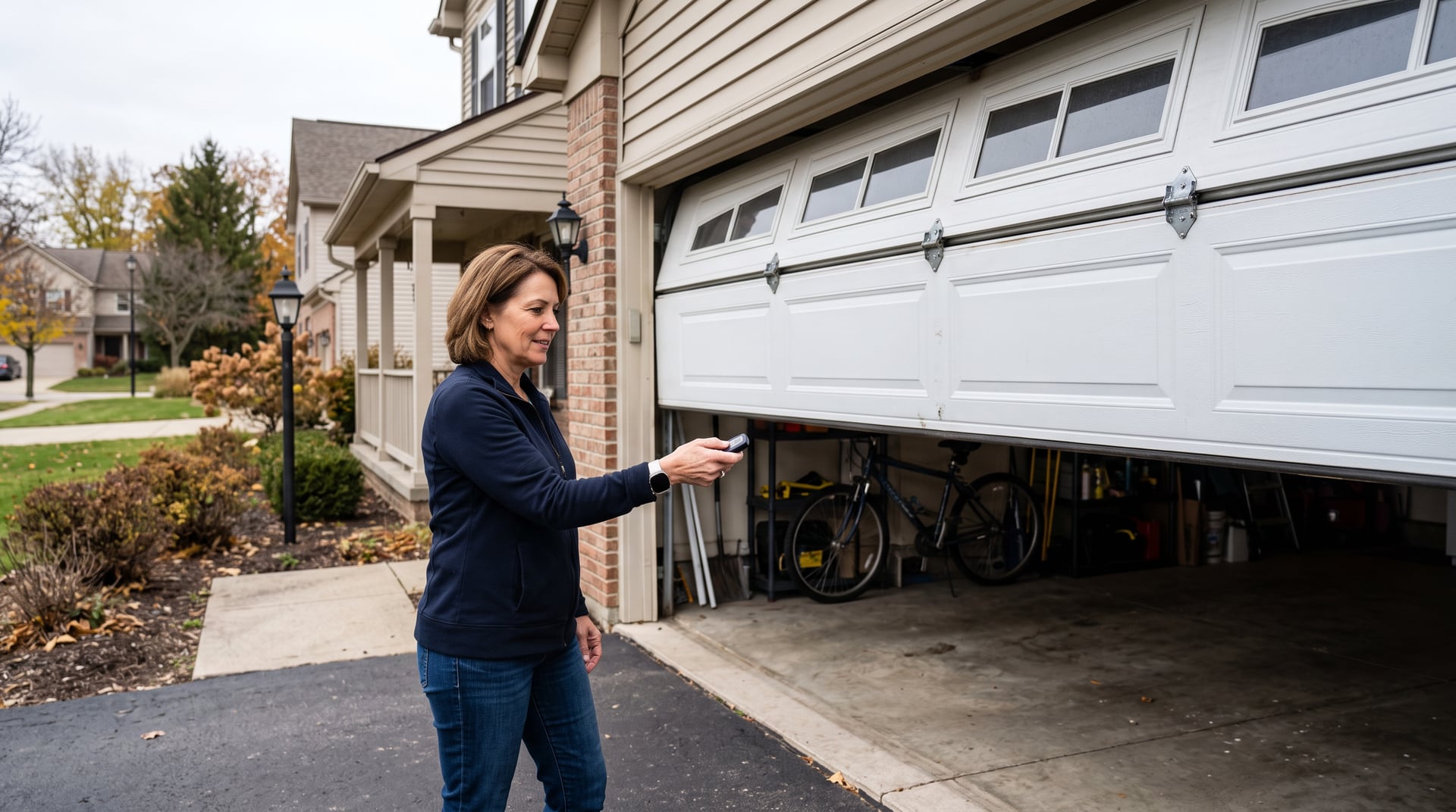 Homeowner pressing a garage door remote at a Michigan home while the door sits stuck half open.