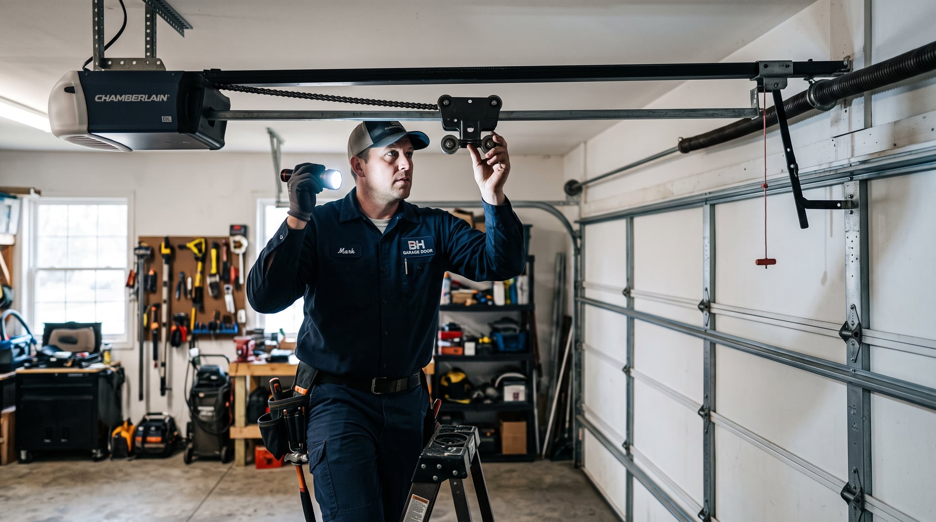Technician inspecting a garage door opener trolley and rail with a flashlight.