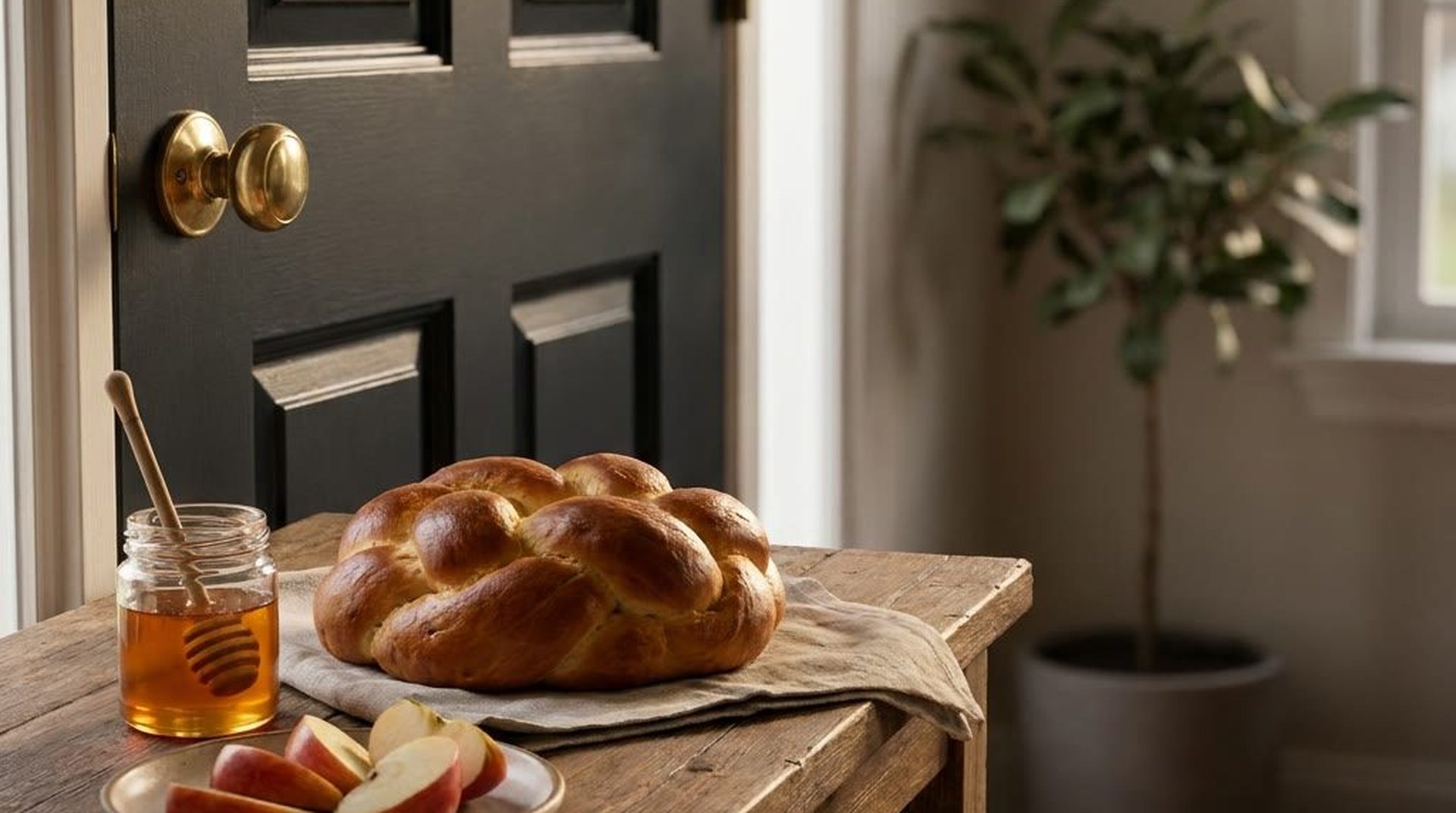A braided round challah, a jar of honey and a plate of sliced apples on a wooden table beside a dark front door with a brass knob.