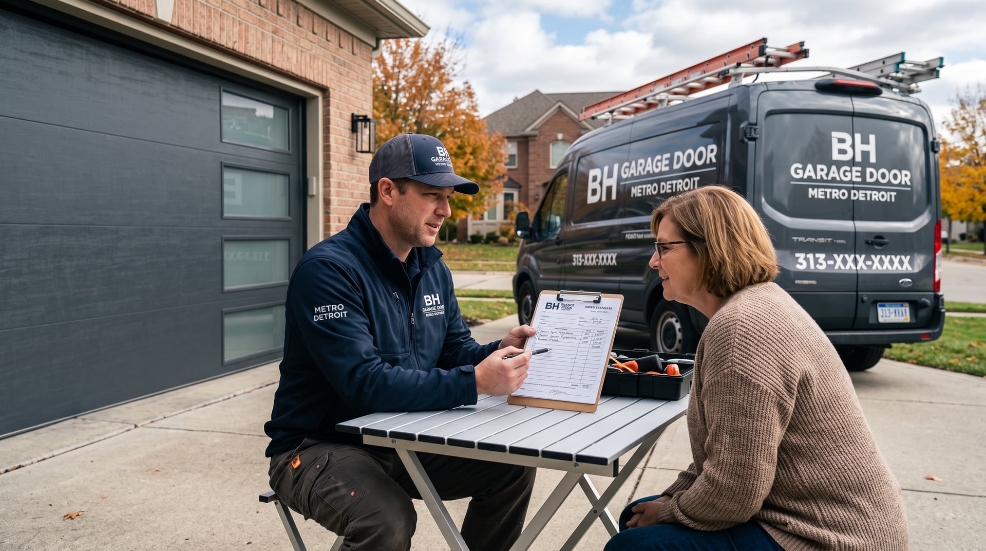 Garage door technician reviewing a written estimate with a homeowner in a Michigan driveway.