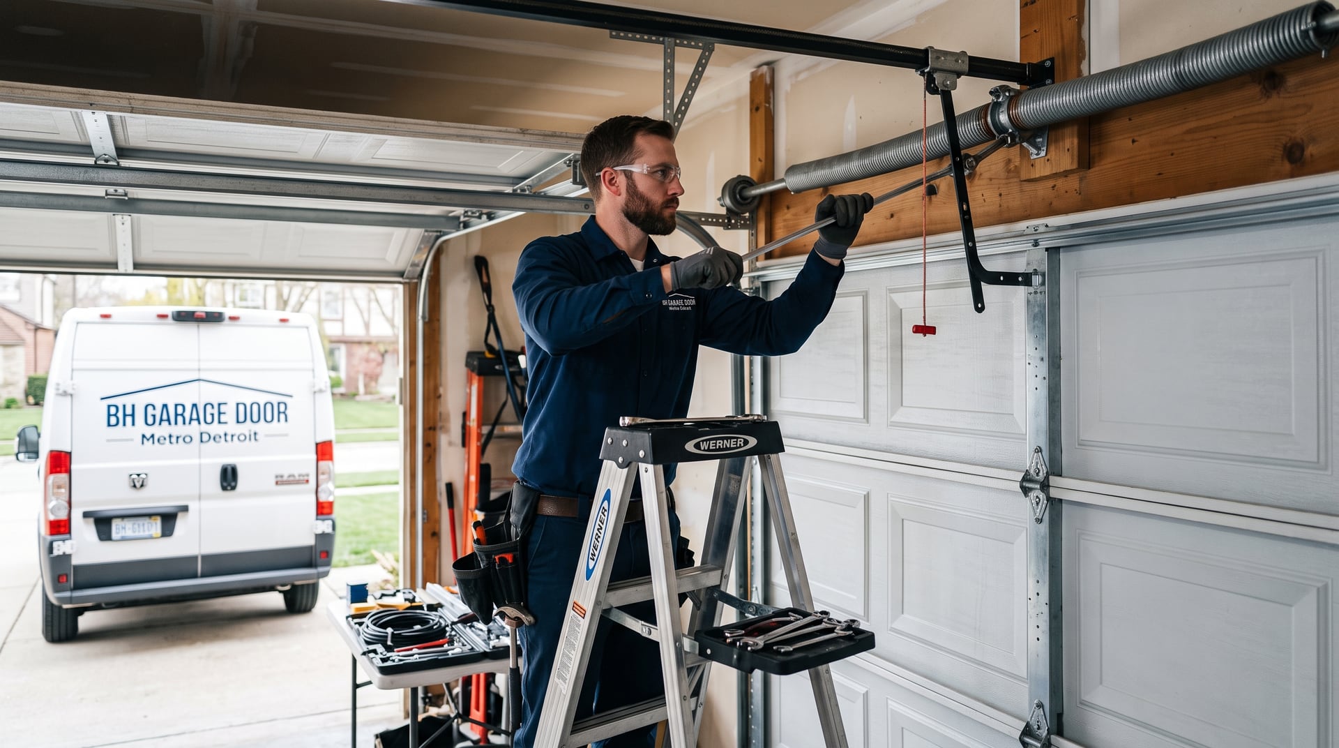 Uniformed technician servicing a garage door torsion assembly from a ladder.