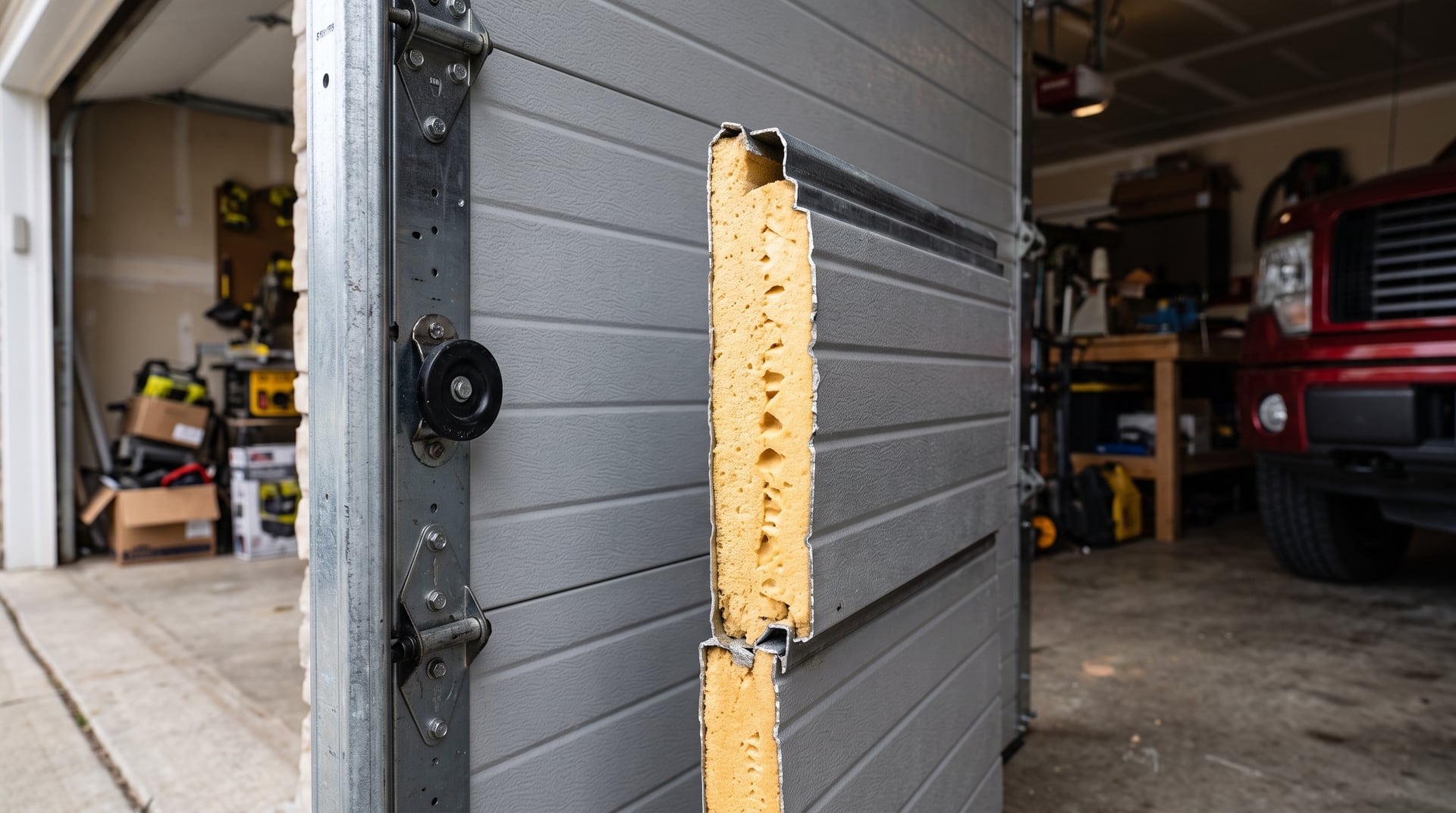 Cutaway of an insulated steel garage door panel showing the foam core between steel skins.