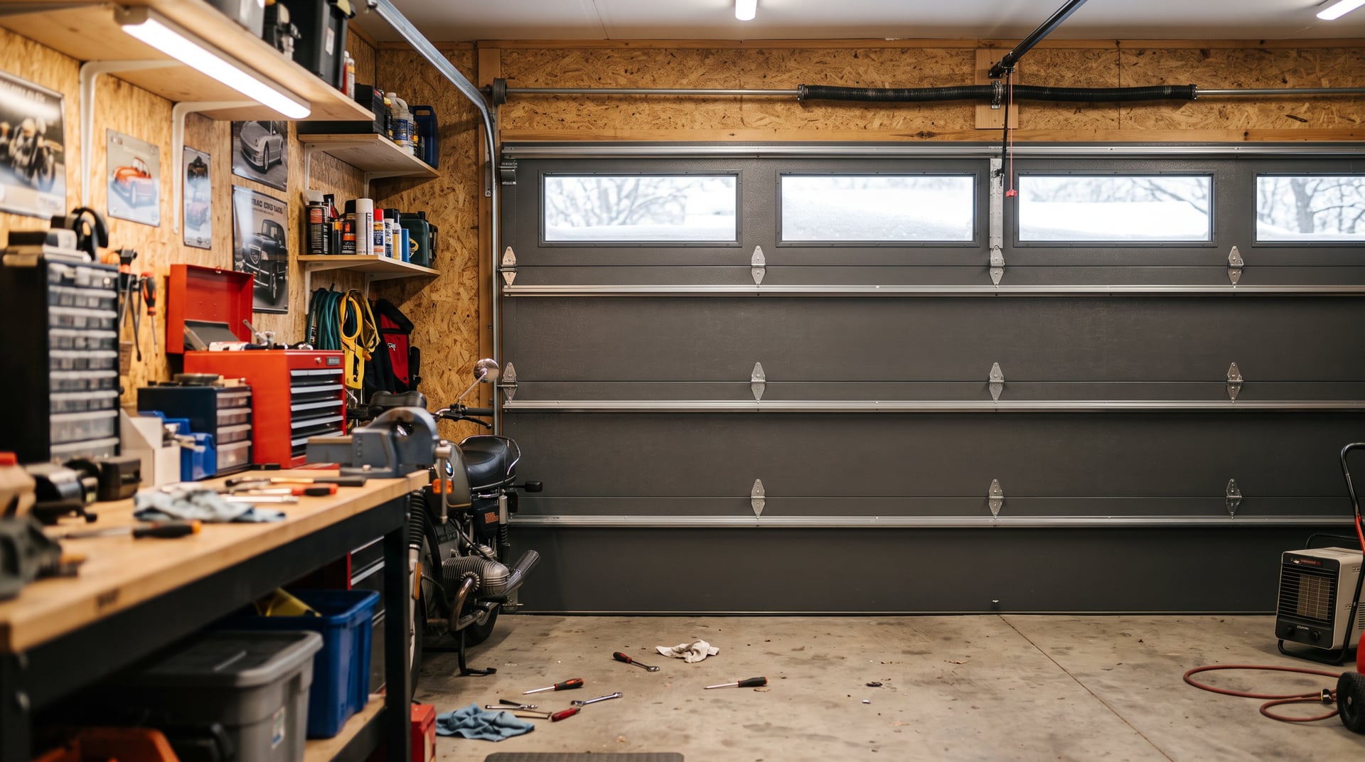 Warm heated garage workshop with an insulated garage door closed against winter.
