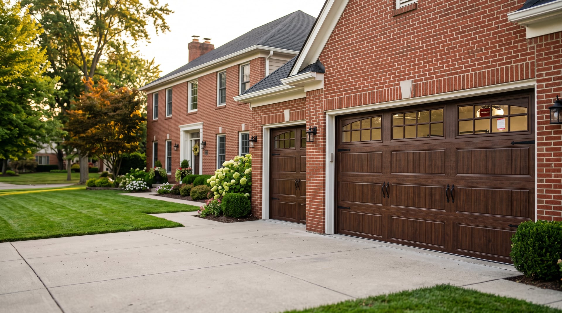 New carriage-style insulated garage doors on a brick Michigan colonial home.