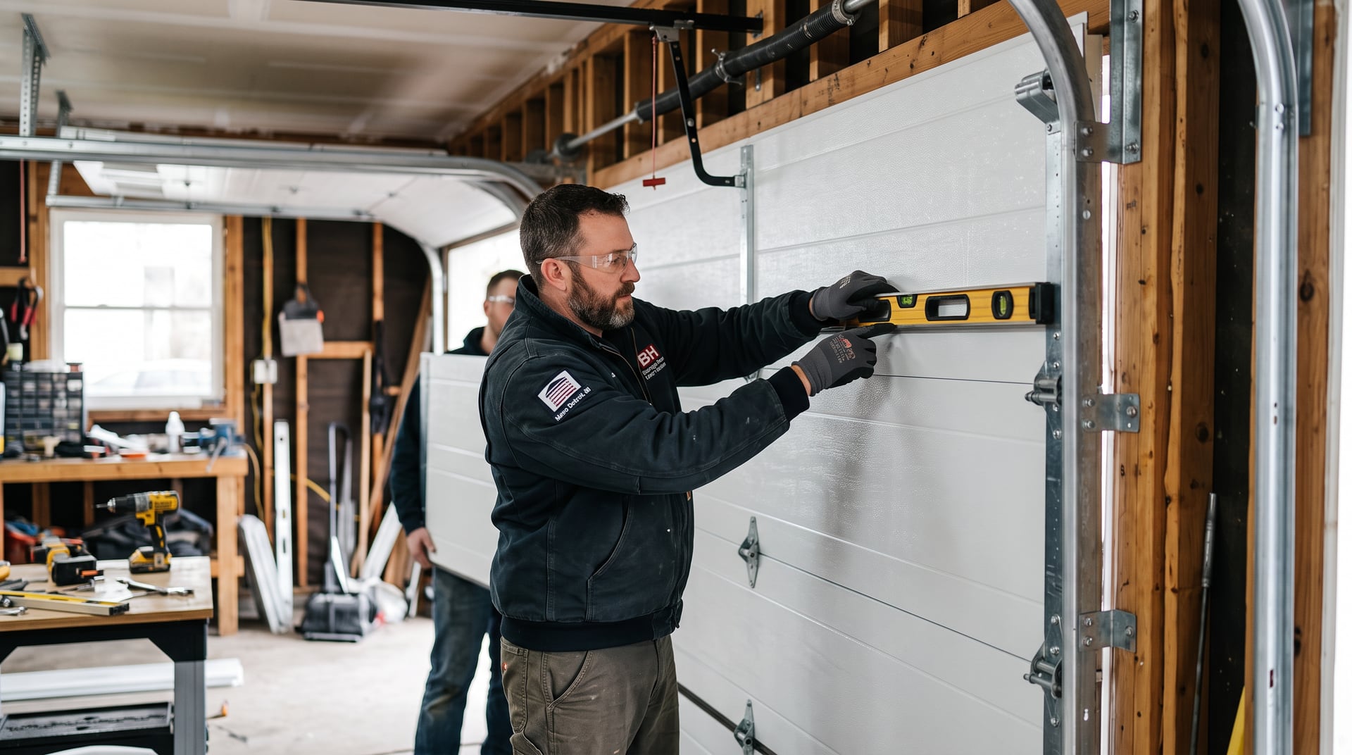Installer leveling a new insulated garage door section on the tracks.