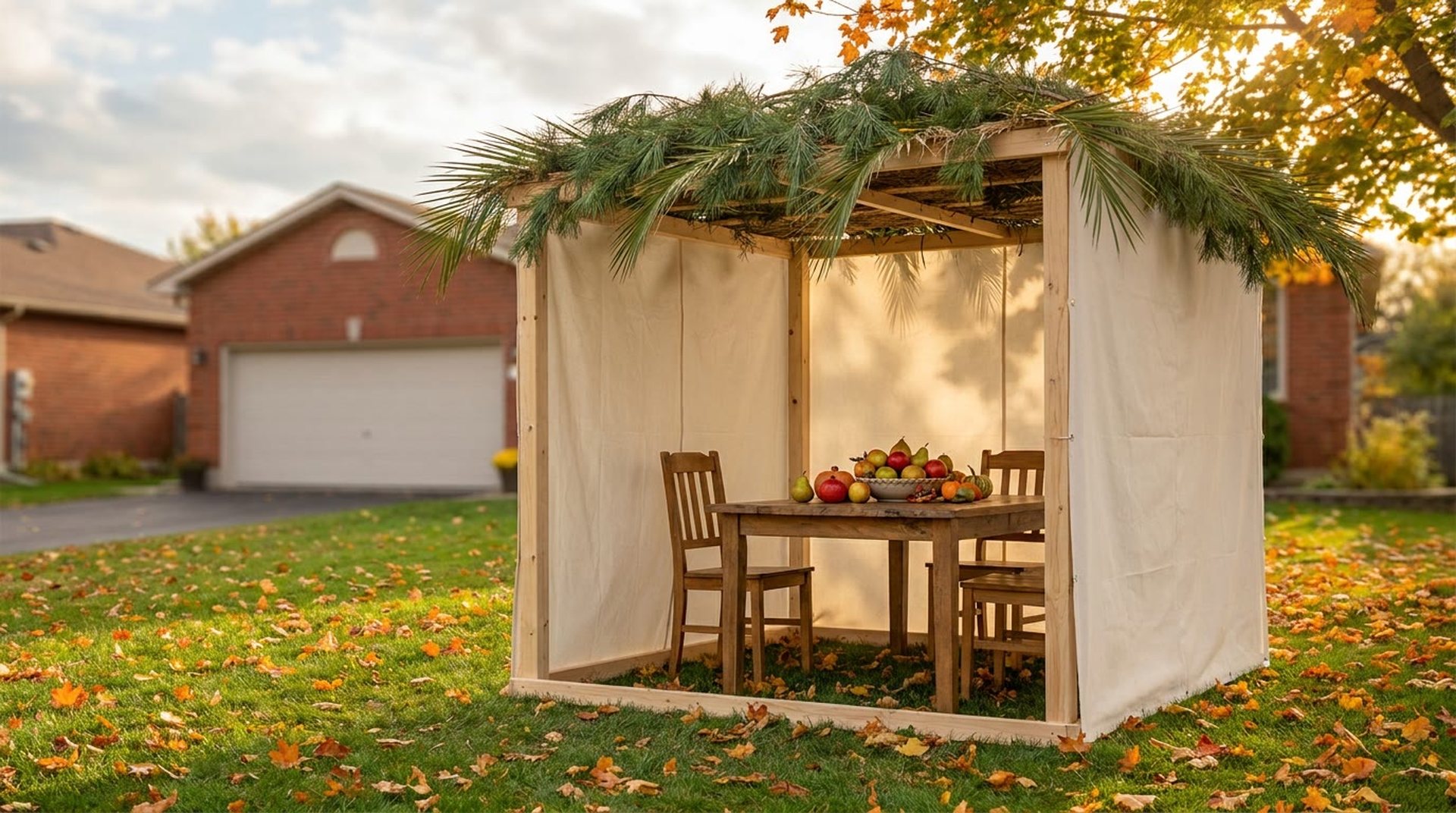A backyard sukkah with canvas walls and a roof of green branches, with a table of fruit inside, on a leaf-covered lawn beside a brick home with a closed white garage door.