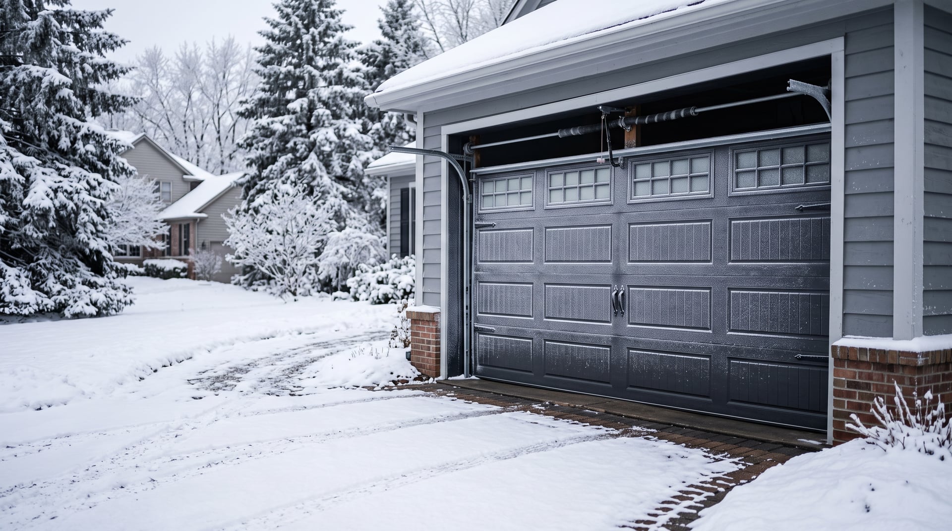 Snow-covered Michigan driveway leading to a frost-dusted garage door on a winter morning.