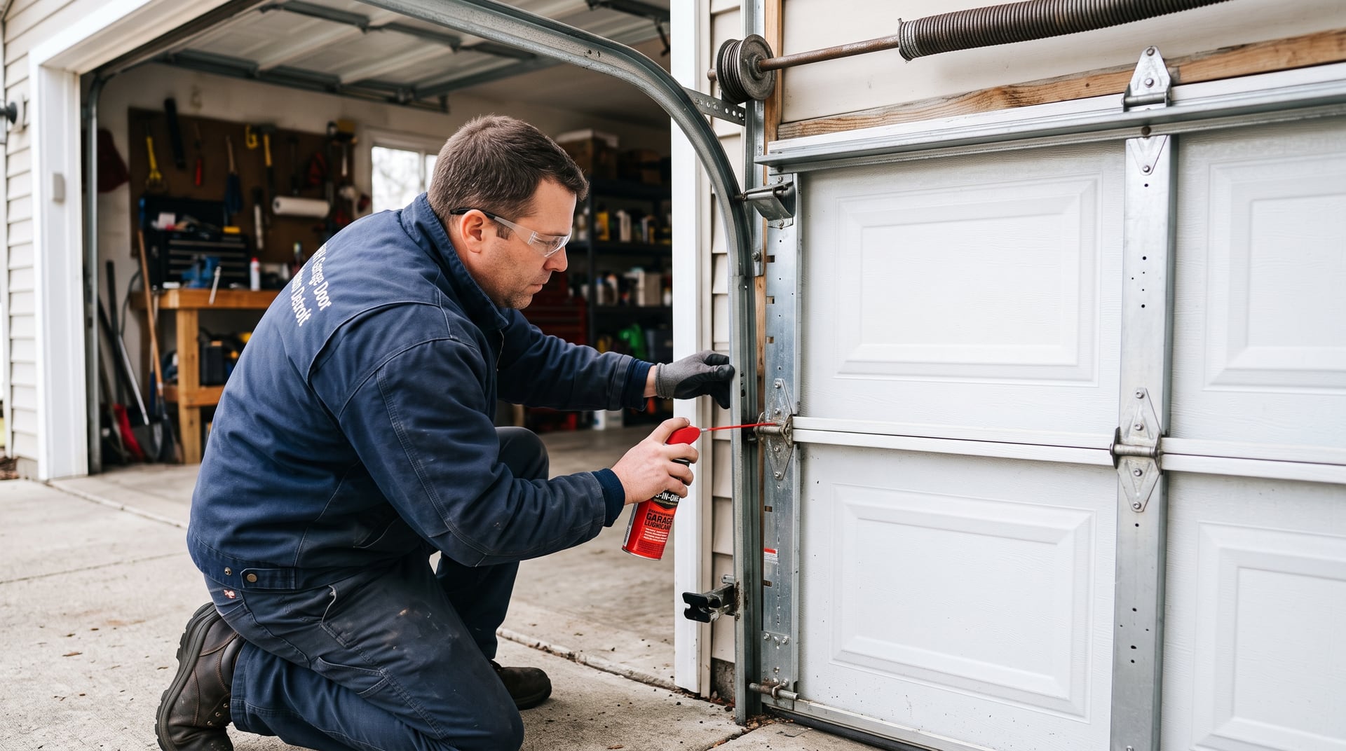 Technician lubricating garage door rollers and hinges on a sectional door track.