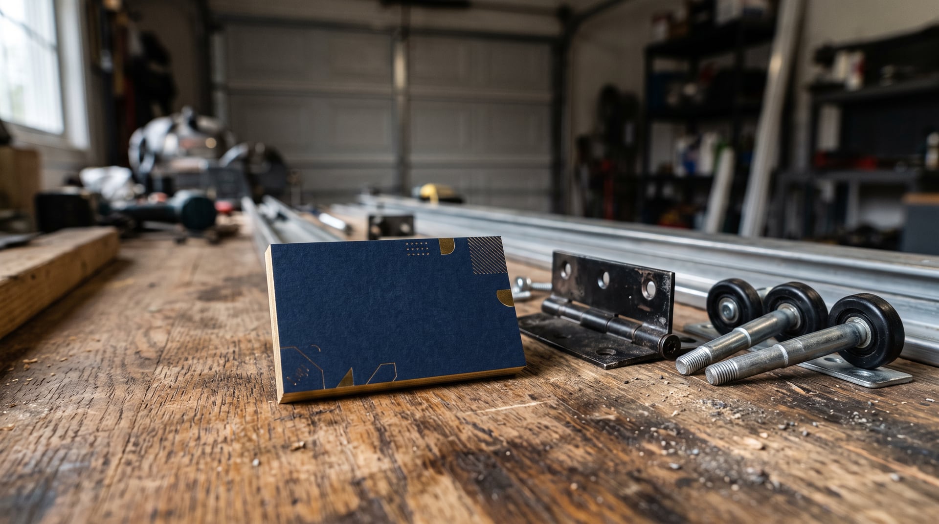 Business card mockup on workbench — BH Garage Door Metro Detroit