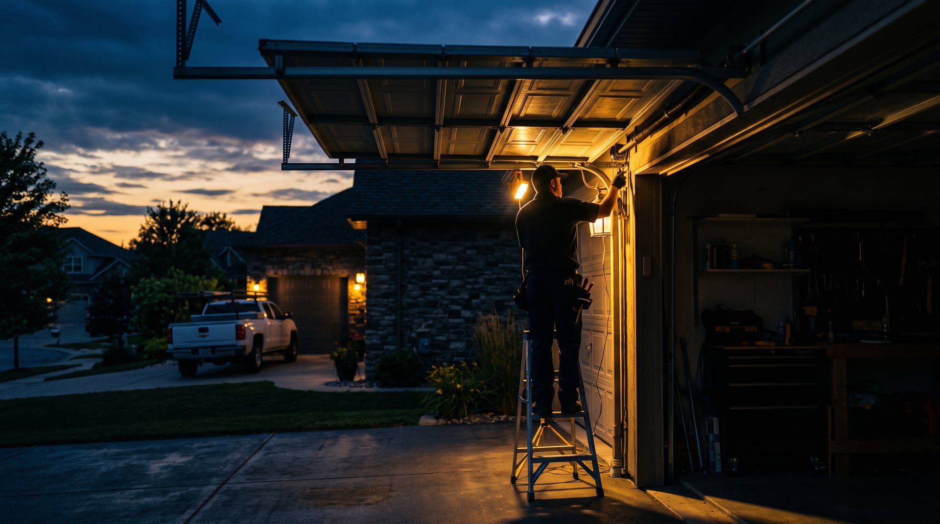 Emergency garage door repair at dusk — BH Garage Door Metro Detroit