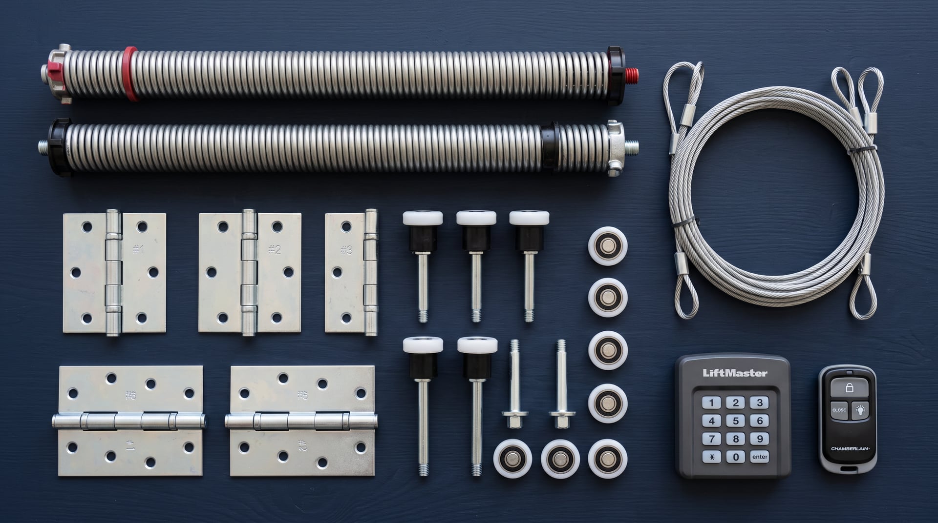 Garage door parts flat-lay — BH Garage Door Metro Detroit
