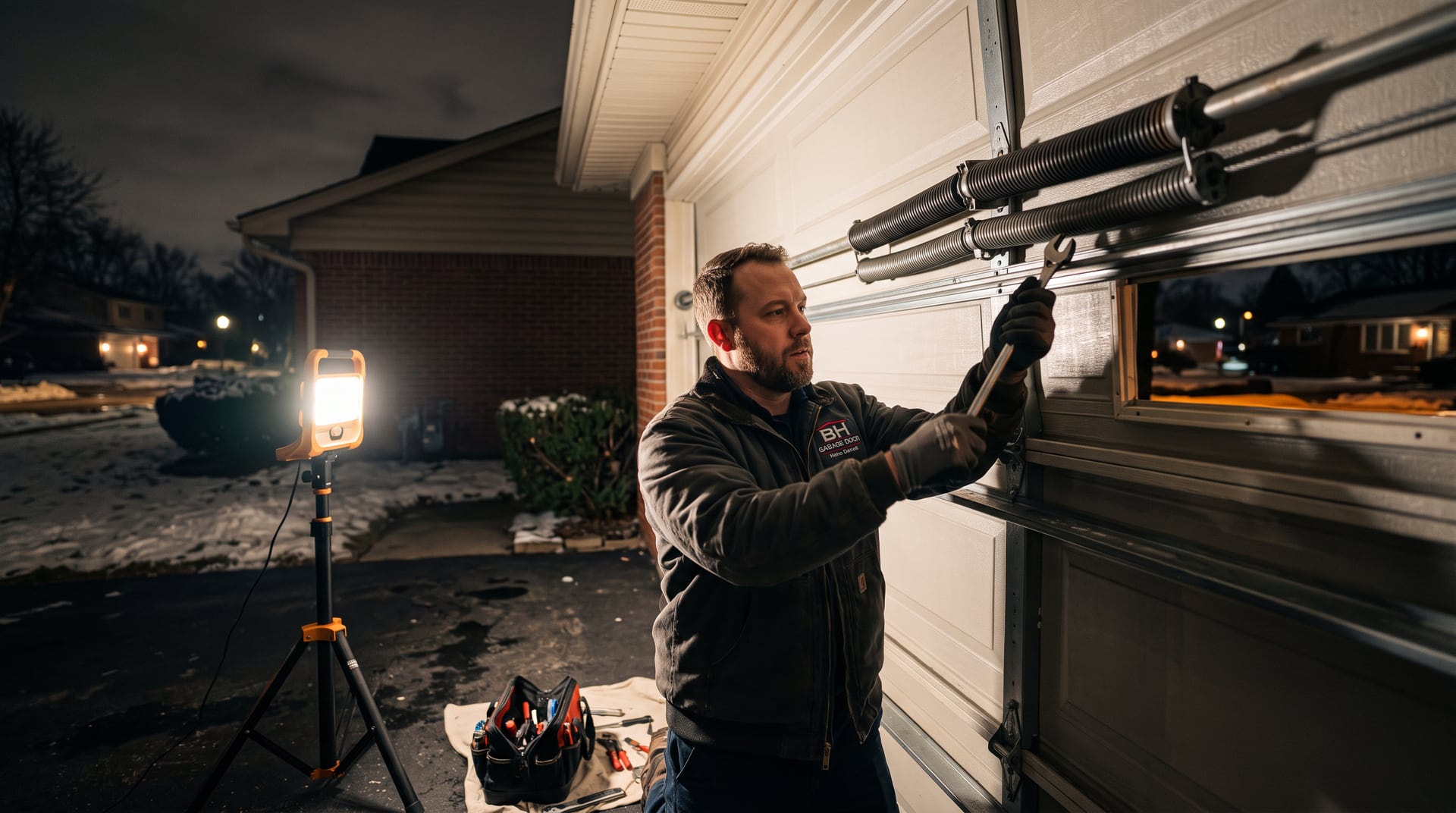 Emergency garage door repair at night — BH Garage Door Metro Detroit, Metro Detroit, MI